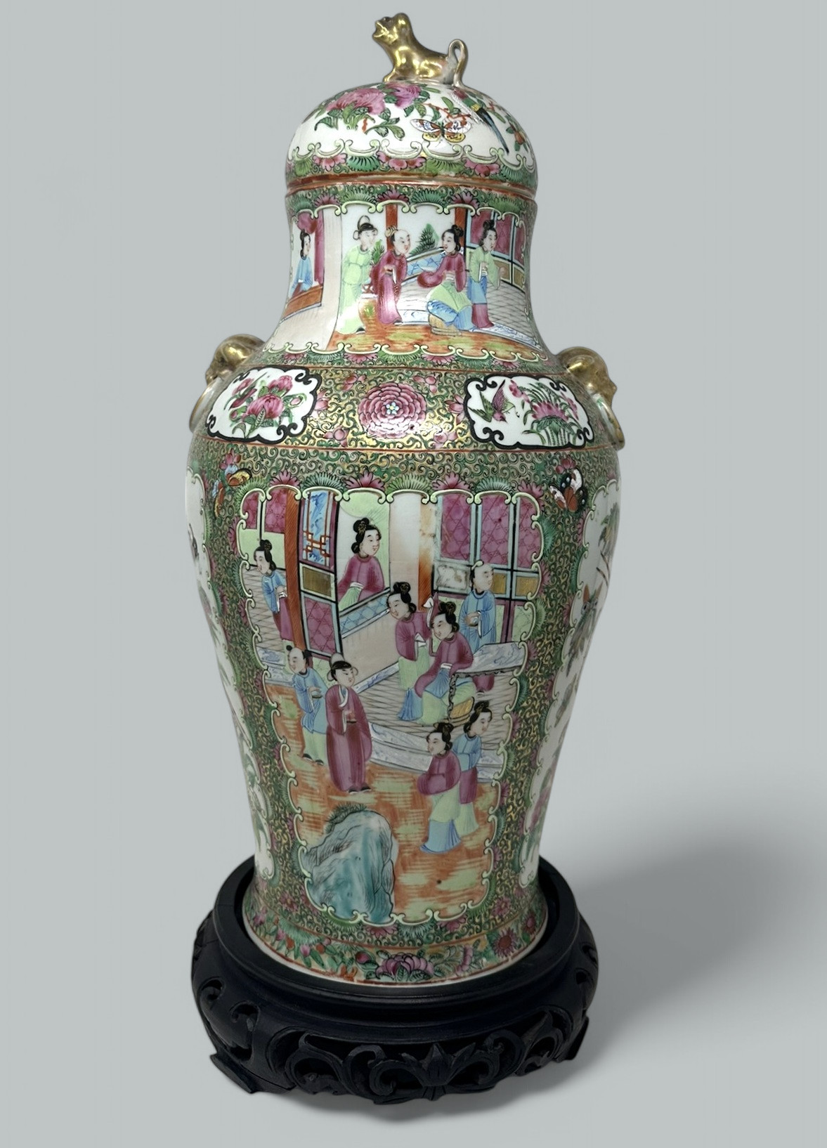 226 Antique Pair Famille Rose Medallion Canton Cantonese Chinese Foo Dog Vases Urns - Image 9