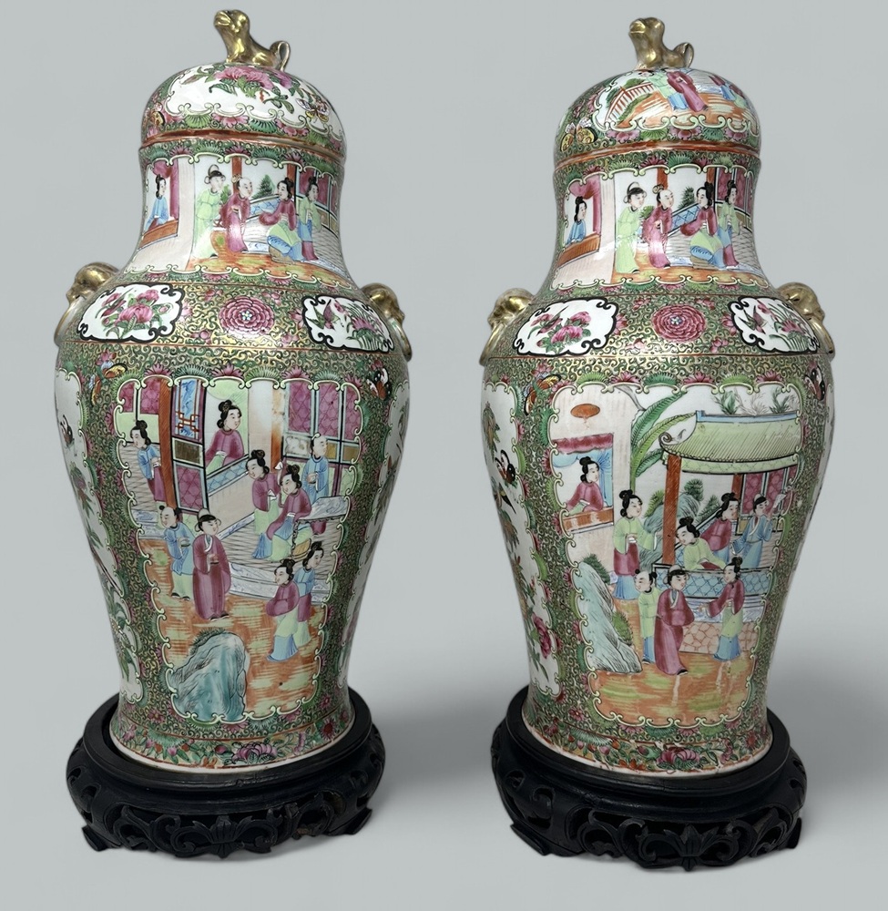 226 Antique Pair Famille Rose Medallion Canton Cantonese Chinese Foo Dog Vases Urns - Image 5