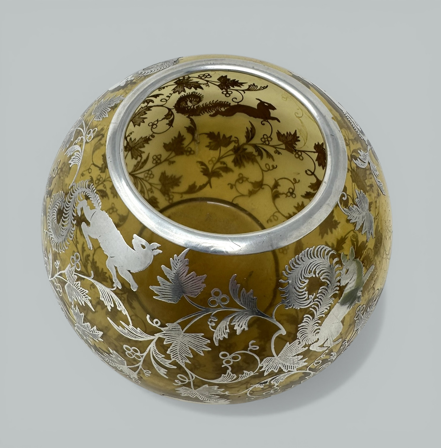 546 Antique Vintage Sterling Silver Overlaid Amber Glass Bowl Vase Centerpiece 1900 - Image 4