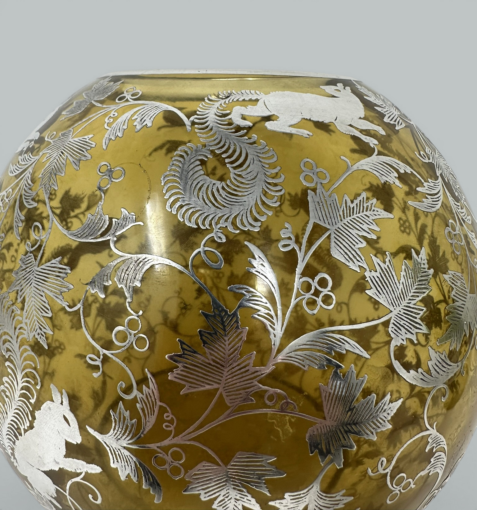 546 Antique Vintage Sterling Silver Overlaid Amber Glass Bowl Vase Centerpiece 1900 - Image 6