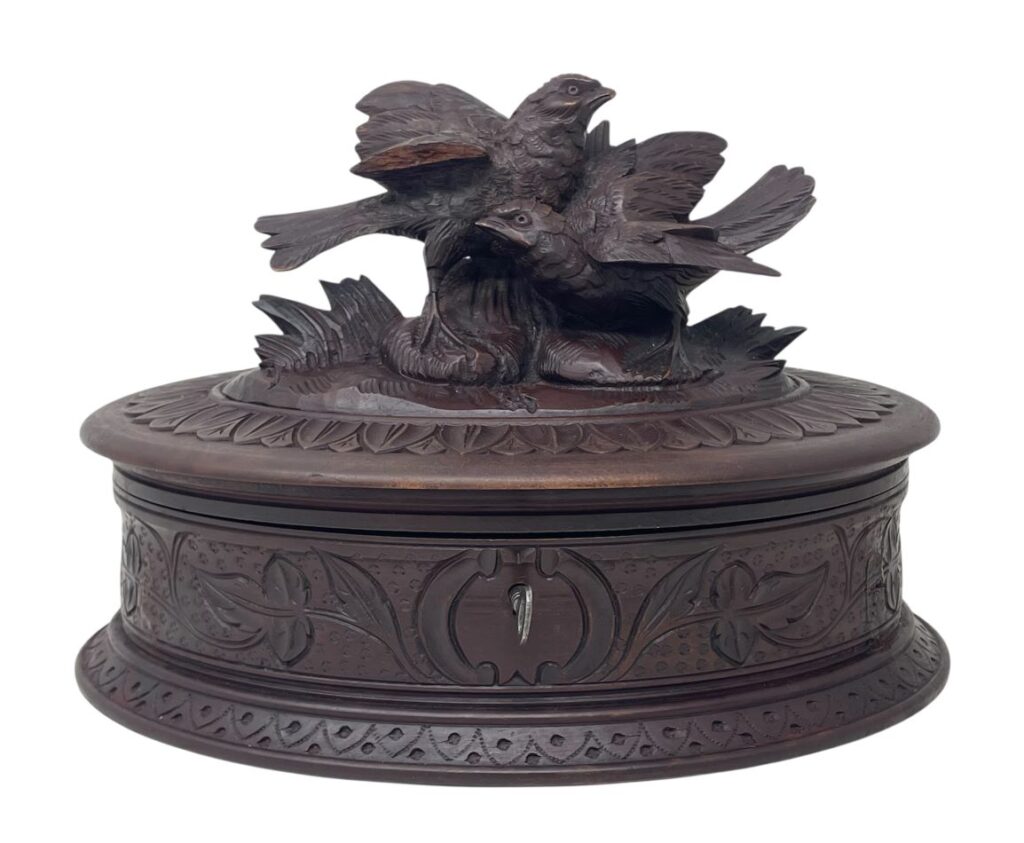 879 Antique Vintage Ladys Bog Oak German Jewelery Box Casket Carved Pheasants Birds