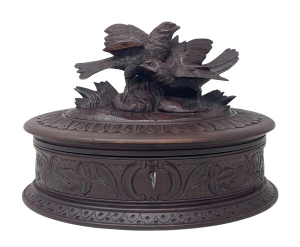 879 Antique Vintage Ladys Bog Oak German Jewelery Box Casket Carved Pheasants Birds