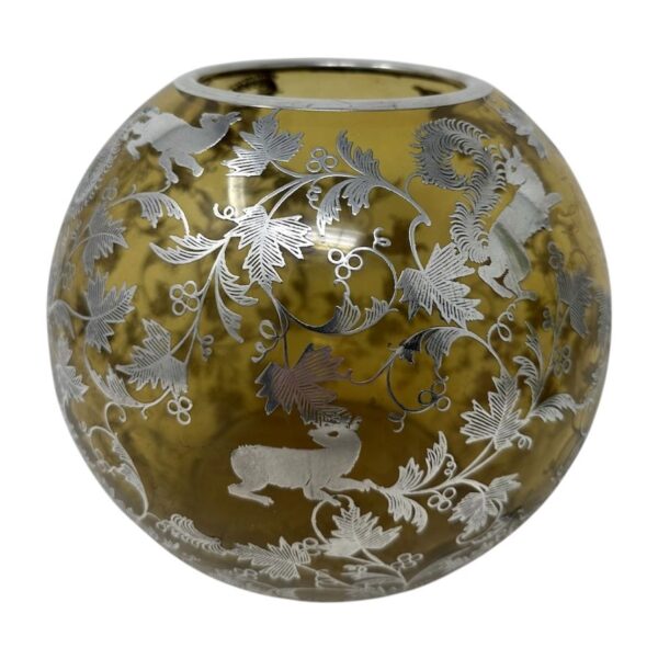 546 Antique Vintage Sterling Silver Overlaid Amber Glass Bowl Vase Centerpiece 1900