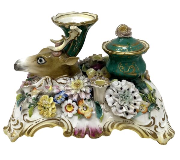 665 Antique English Coalbrookdale Flower encrusted Porcelain Inkwell Centerpiece 1820