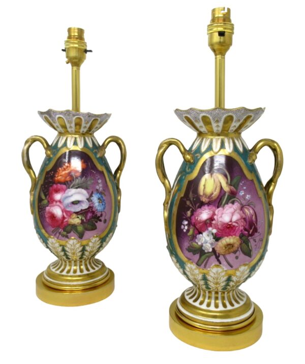 351 Antique Pair English Staffordshire Porcelain Table Lamps Ridgway or Rockingham