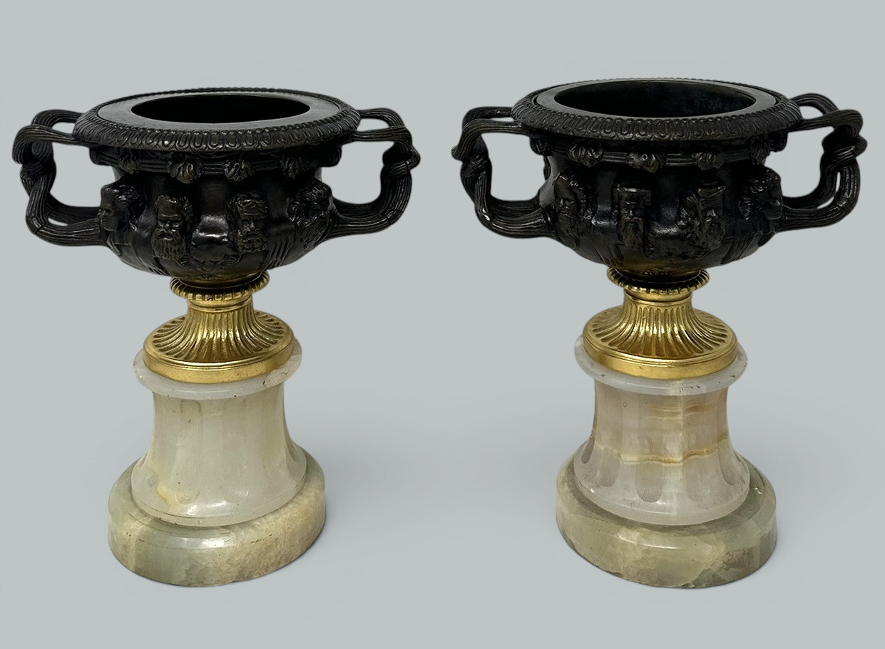 435 Antique Pair French Ormolu Bronze Warwick Albani Grand Tour Vases Urns Clodion - Image 2