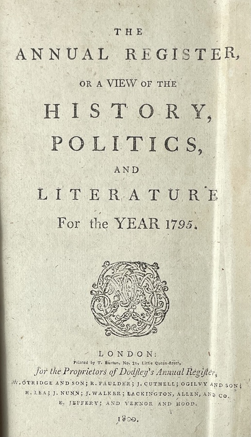 M158 Rare – Annual Register History Politics and Literature 1795 – Original – Published 1800 – A foundational contemporary chronicle of a highly turbulent year in world history. - Image 2