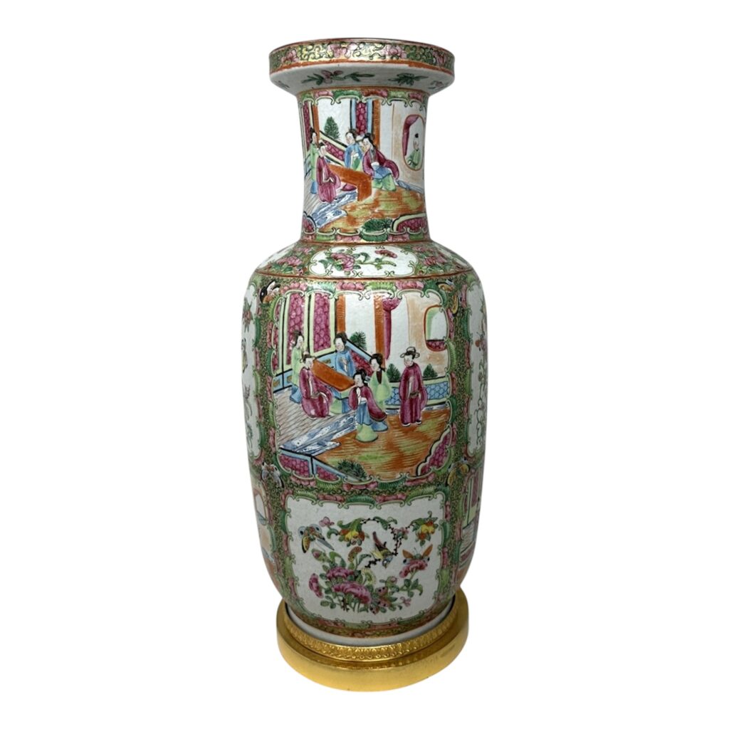 873 Sold Antique Famille Rose Medalion Canton Cantonese Chinese Porcelain Ormolu Vase Urn