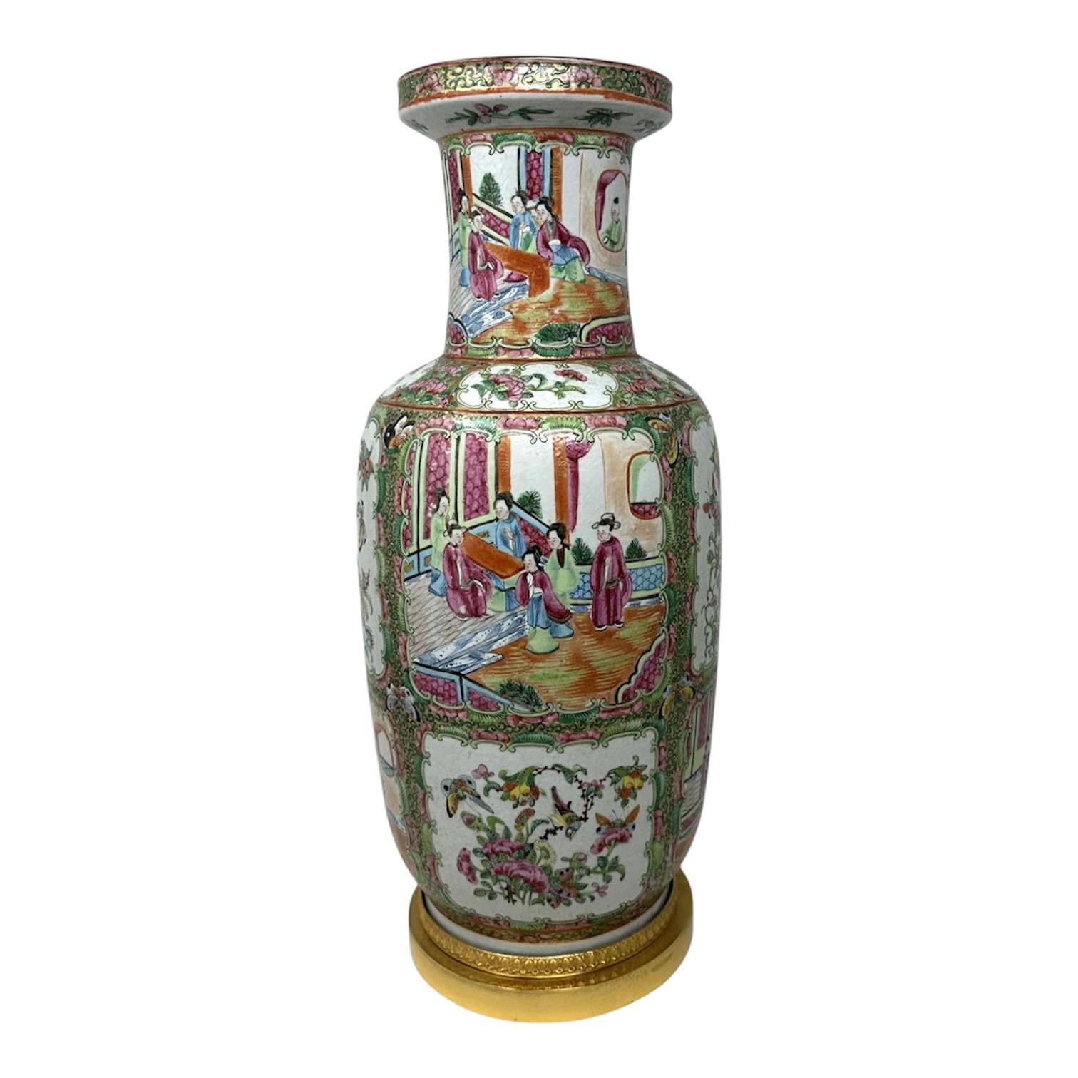 873 Sold Antique Famille Rose Medalion Canton Cantonese Chinese Porcelain Ormolu Vase Urn
