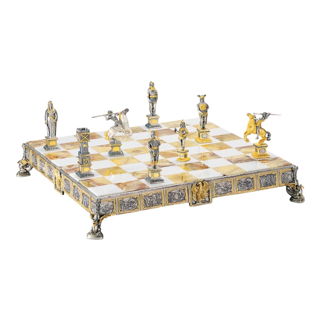 809 Sigurd Mythological King of the Nibelung Chess Set and Marble/Onyx Chess Board with real Gold finish.