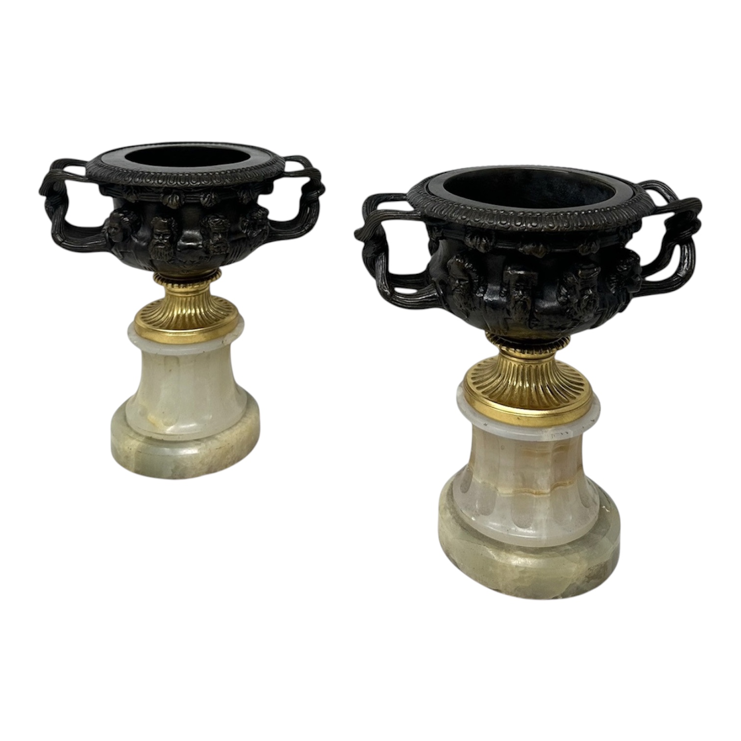 435 Antique Pair French Ormolu Bronze Warwick Albani Grand Tour Vases Urns Clodion