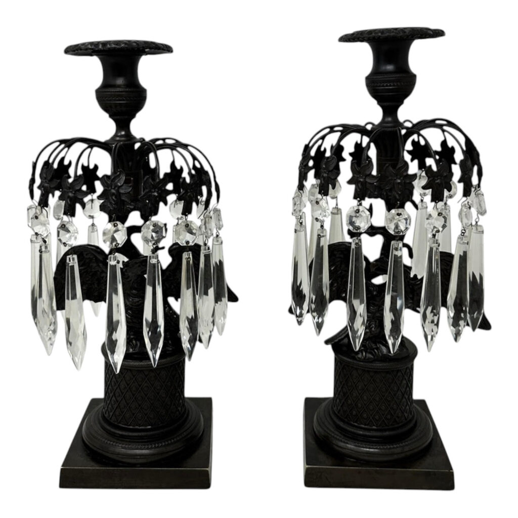 023 Antique Pair Regency Bronze Crystal Lustres Candlesticks Candelabra Eagles Prisms