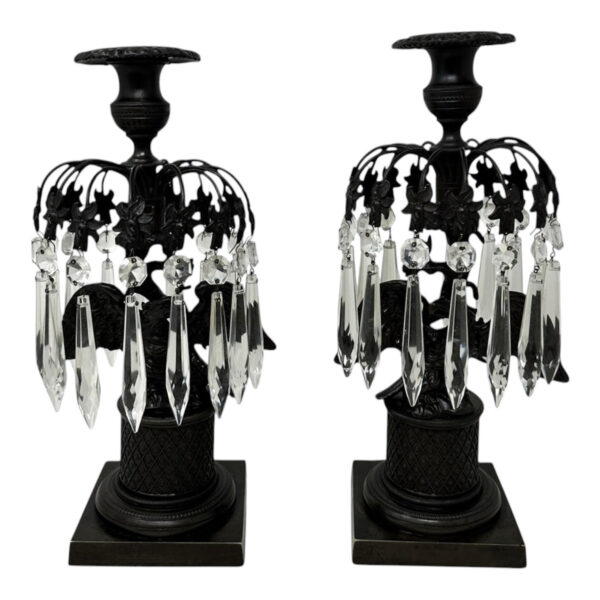 023 Antique Pair Regency Bronze Crystal Lustres Candlesticks Candelabra Eagles Prisms