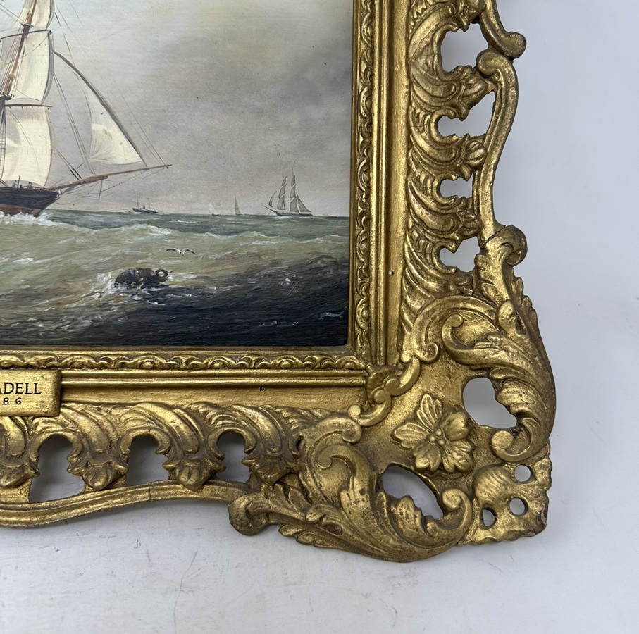 088 Antique English Edwardian Oil Paintings Harbor Scene Seascape Schooner Boats - Image 4