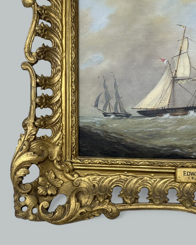 088 Antique English Edwardian Oil Paintings Harbor Scene Seascape Schooner Boats - Image 3