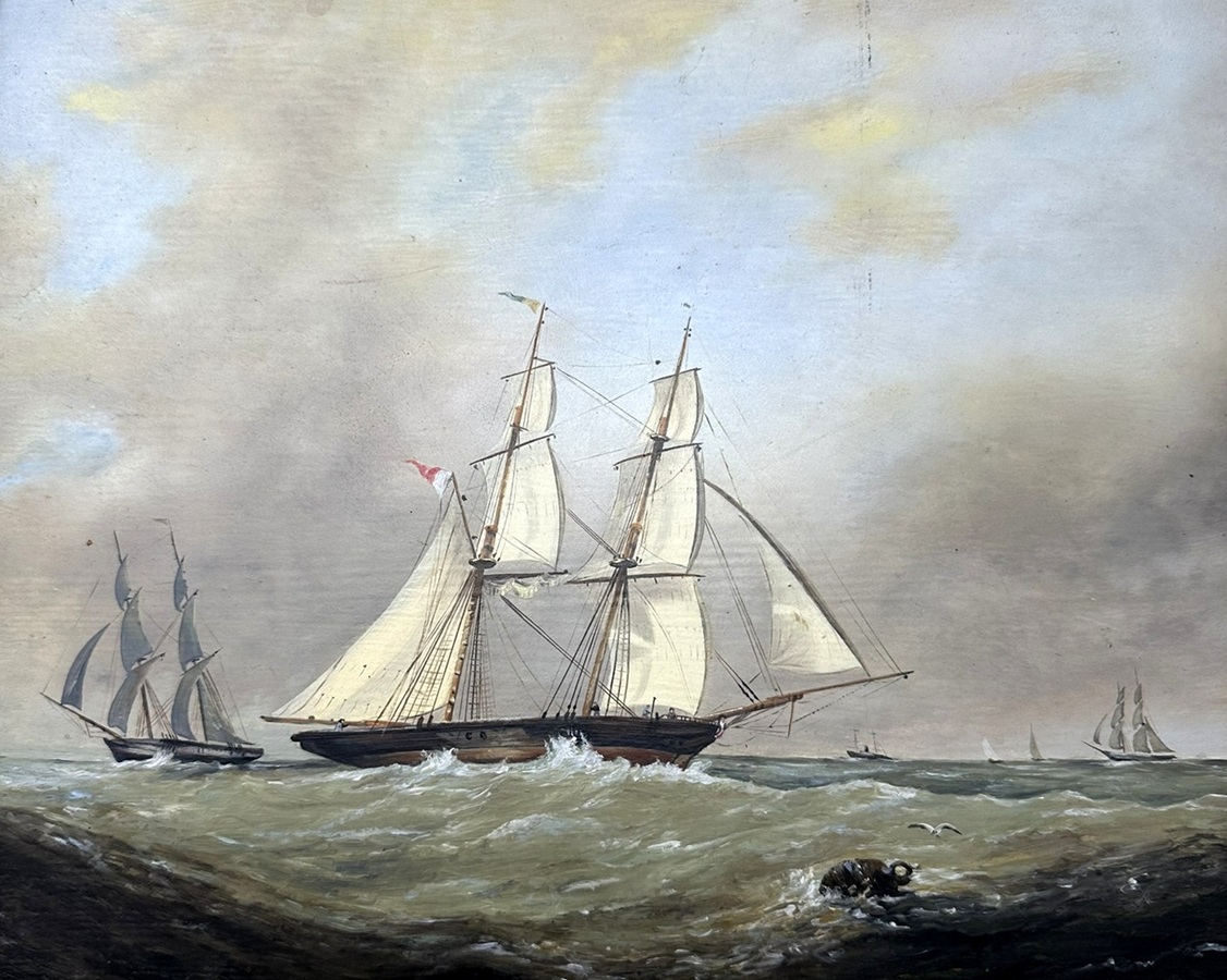 088 Antique English Edwardian Oil Paintings Harbor Scene Seascape Schooner Boats - Image 6