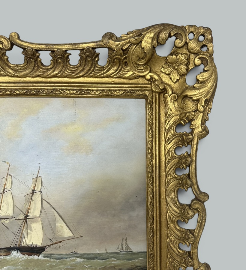 088 Antique English Edwardian Oil Paintings Harbor Scene Seascape Schooner Boats - Image 2