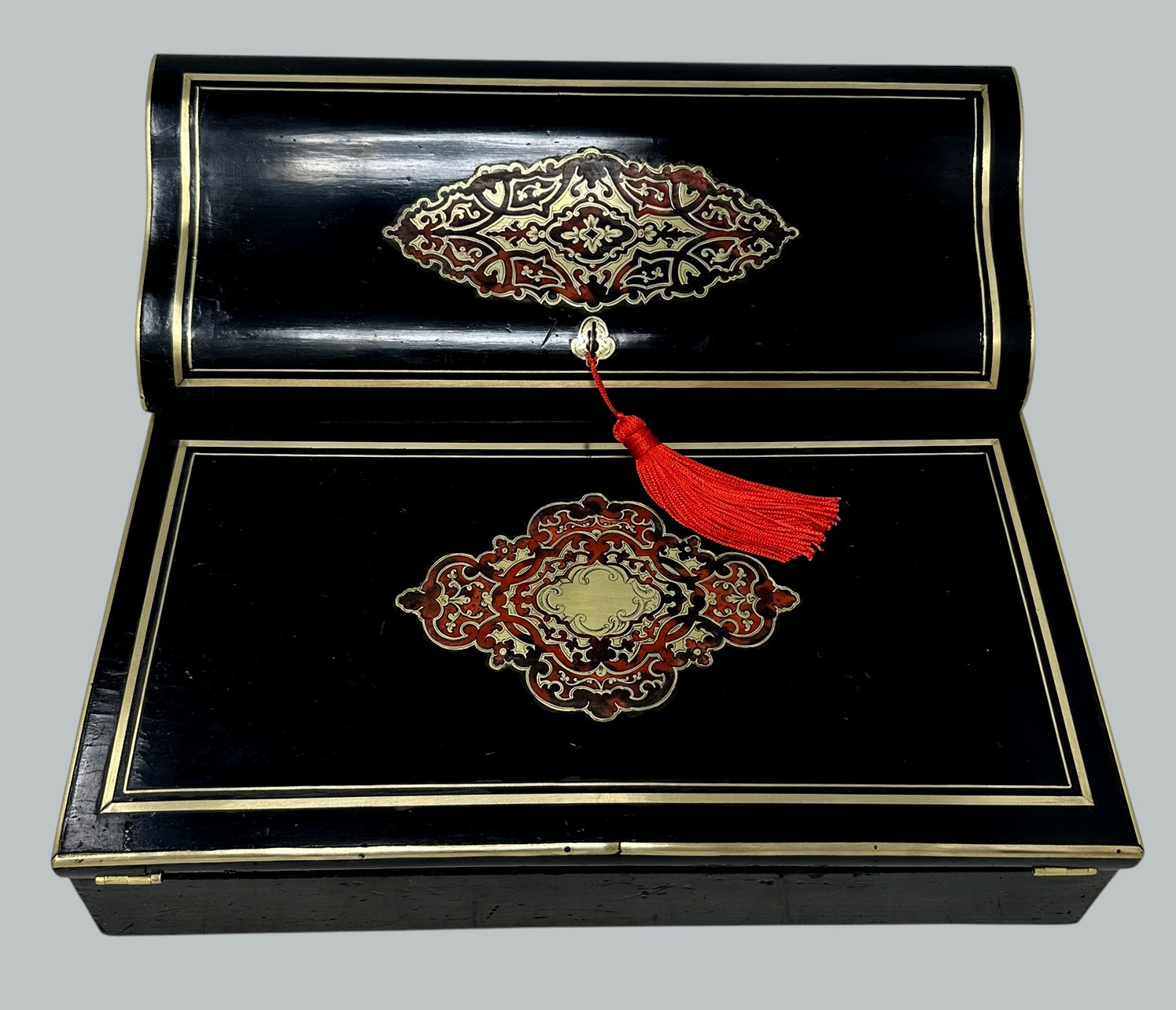 795 Antique French Brass Bound Boulle Desk Wooden Writing Slope Alphonse Tahan, Paris - Image 2
