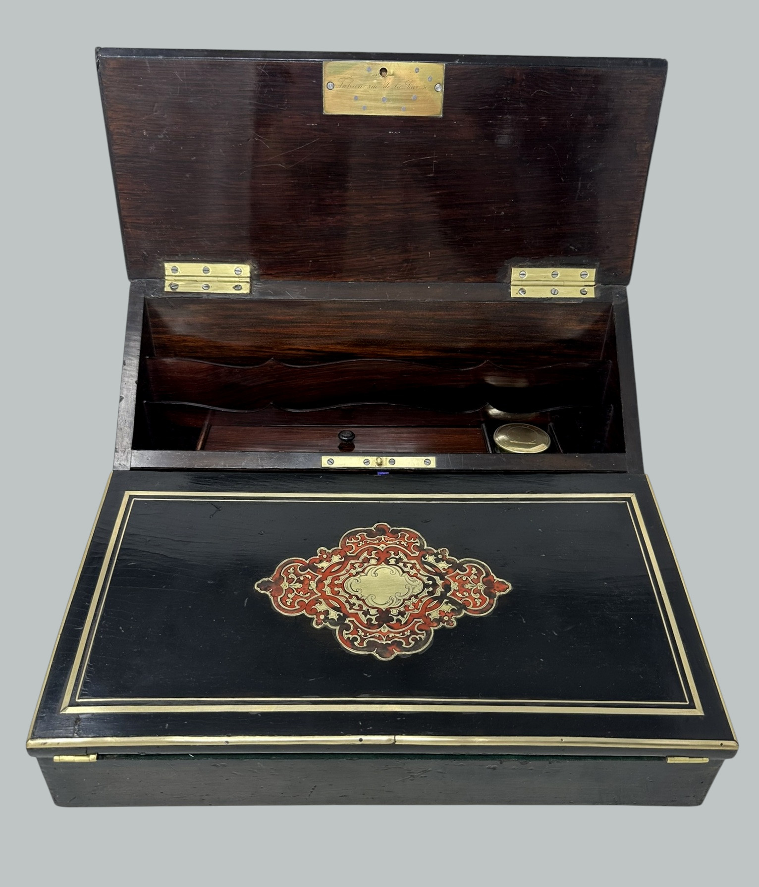 795 Antique French Brass Bound Boulle Desk Wooden Writing Slope Alphonse Tahan, Paris - Image 3