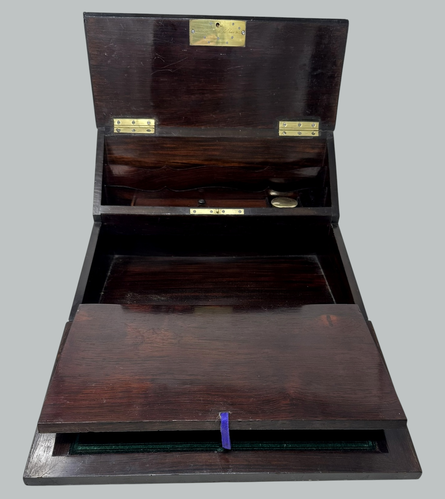 795 Antique French Brass Bound Boulle Desk Wooden Writing Slope Alphonse Tahan, Paris - Image 5