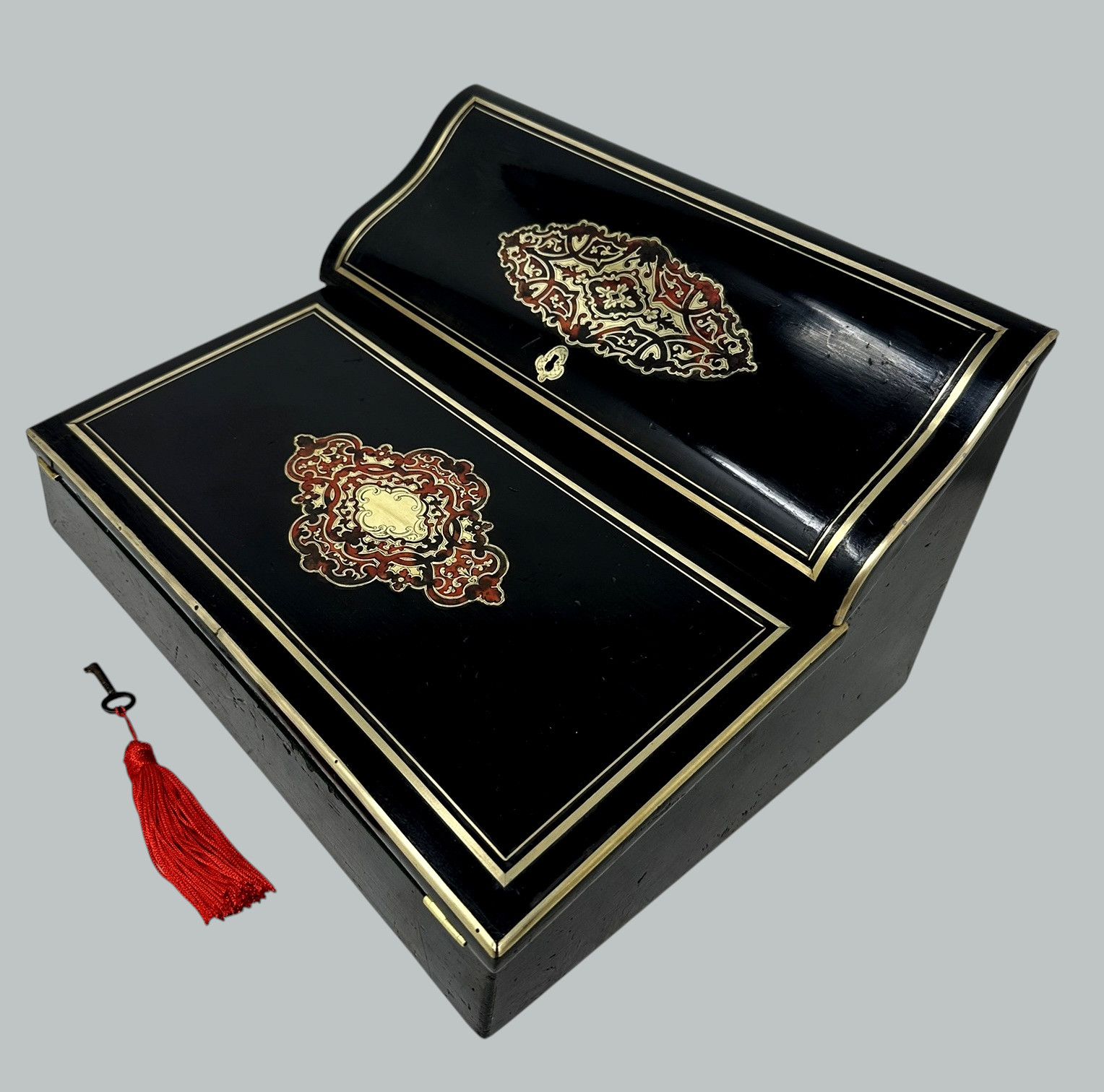 795 Antique French Brass Bound Boulle Desk Wooden Writing Slope Alphonse Tahan, Paris - Image 6