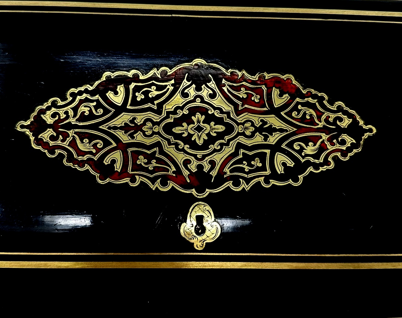 795 Antique French Brass Bound Boulle Desk Wooden Writing Slope Alphonse Tahan, Paris - Image 7