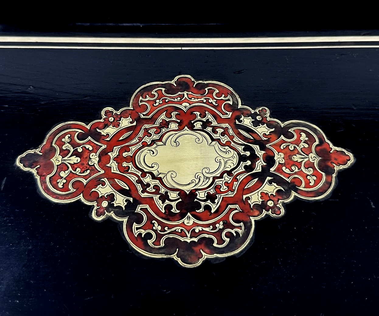 795 Antique French Brass Bound Boulle Desk Wooden Writing Slope Alphonse Tahan, Paris - Image 8