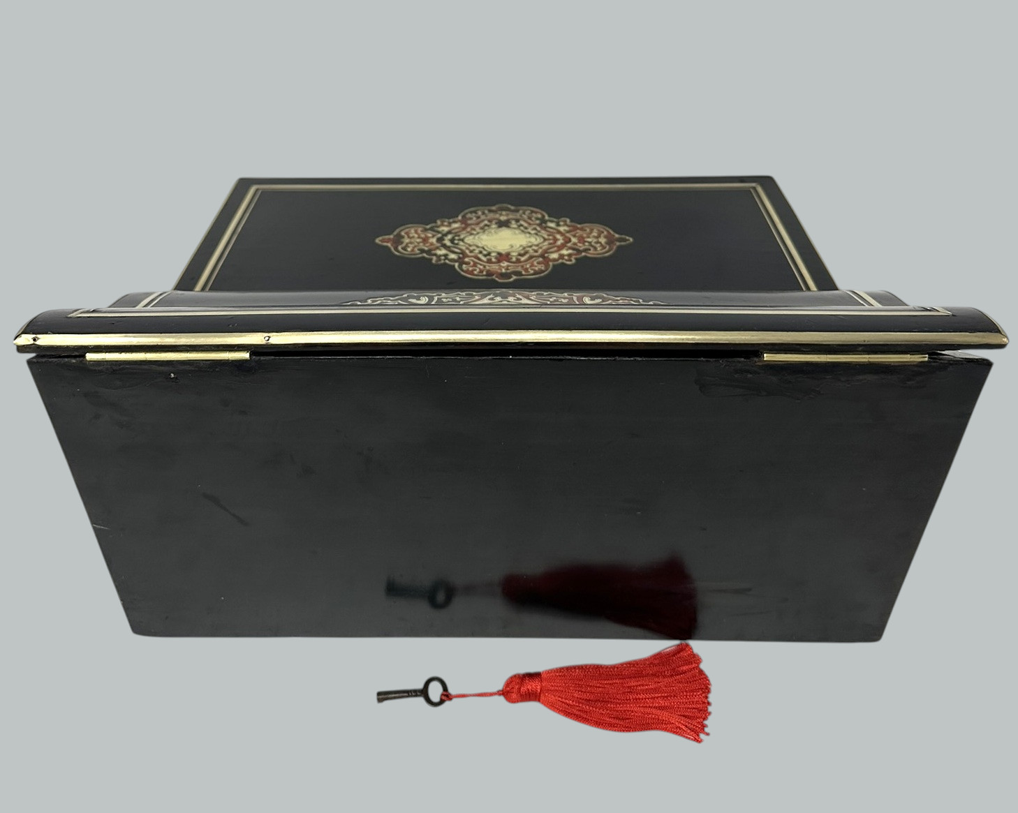 795 Antique French Brass Bound Boulle Desk Wooden Writing Slope Alphonse Tahan, Paris - Image 9