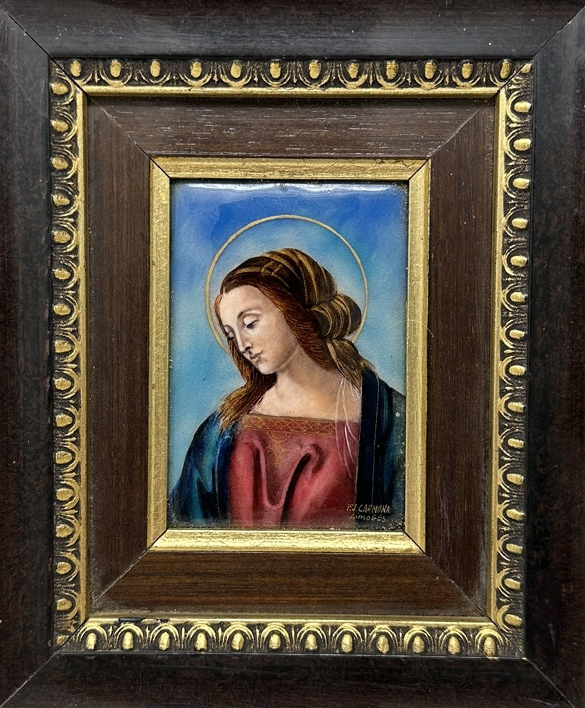 940 Antique Vintage French Religious Enamel on Copper Virgin Mary FJ Carmona Limoges - Image 2