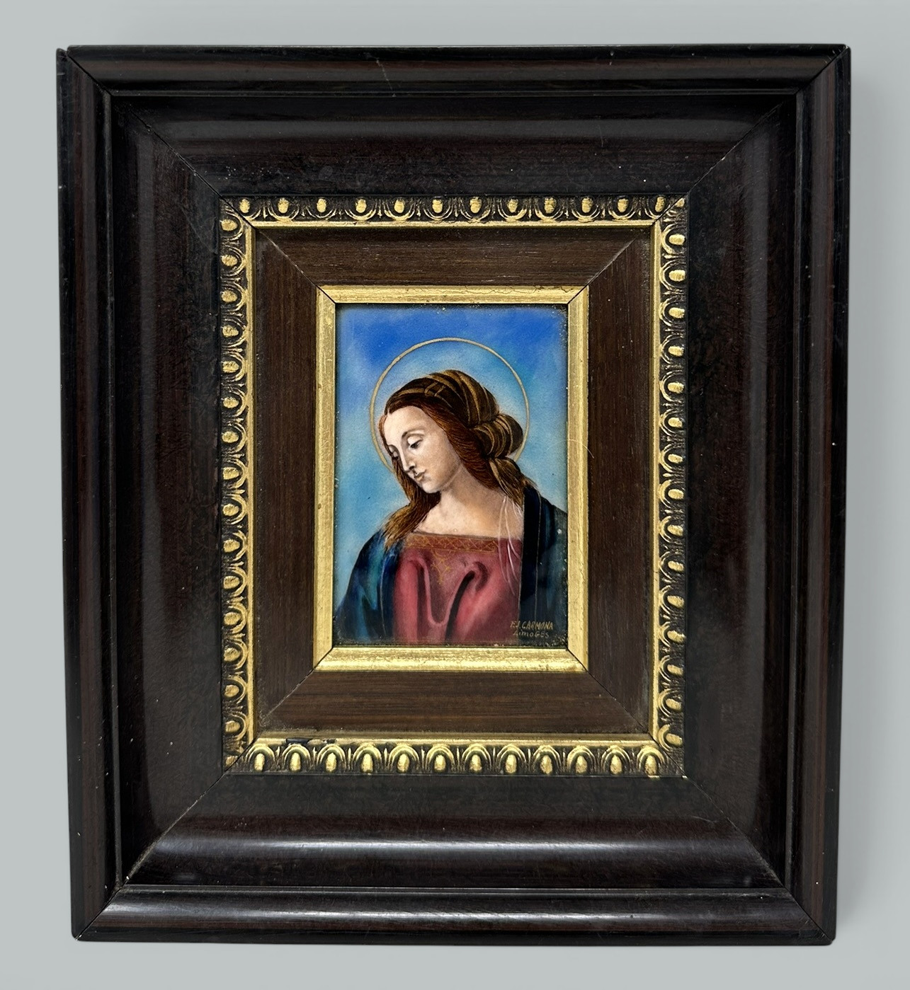 940 Antique Vintage French Religious Enamel on Copper Virgin Mary FJ Carmona Limoges - Image 4