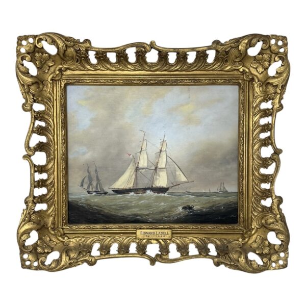 088 Antique English Edwardian Oil Paintings Harbor Scene Seascape Schooner Boats