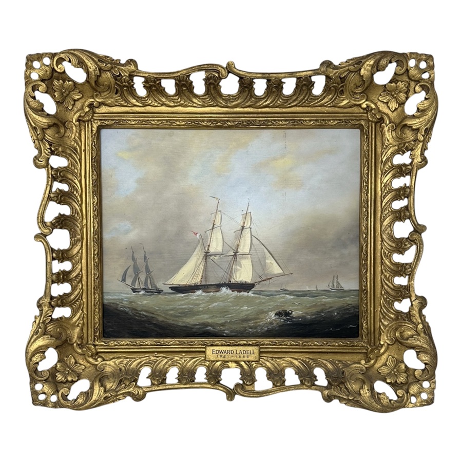 088 Antique English Edwardian Oil Paintings Harbor Scene Seascape Schooner Boats