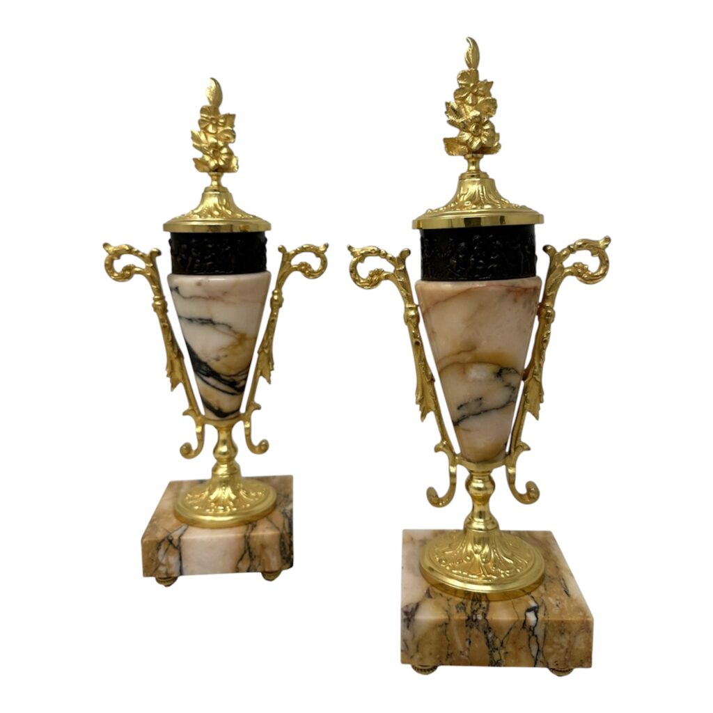 204 Pair French Regency Style Giallo Sienna Marble Gilt Bronze Cassolettes Urns Vases
