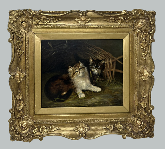 346 Antique English Edwardian Oil Painting on Canvas Cats Kittens at Play dated 1907 - Image 2