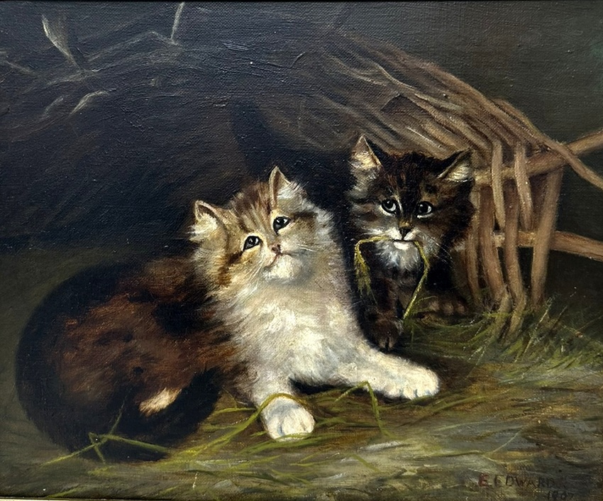 346 Antique English Edwardian Oil Painting on Canvas Cats Kittens at Play dated 1907 - Image 3
