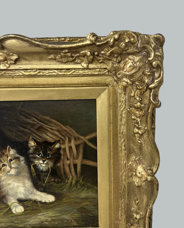 346 Antique English Edwardian Oil Painting on Canvas Cats Kittens at Play dated 1907 - Image 4