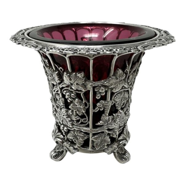 698 Antique French Sterling Silver Vase Centerpiece Cranberry Glass pos Baccarat 19C