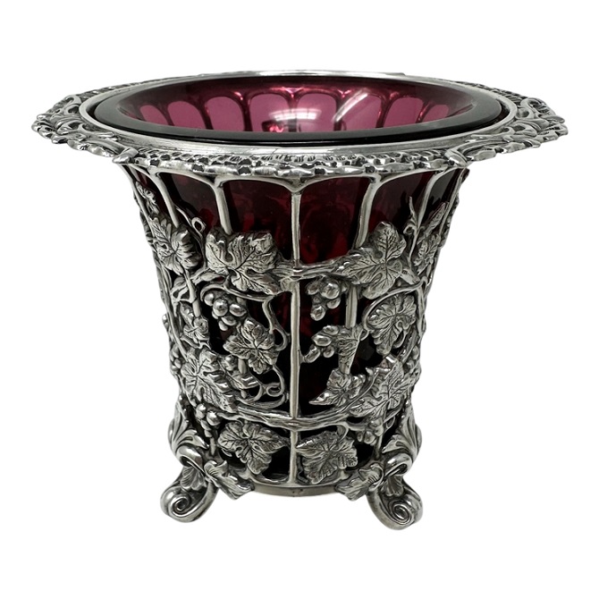 698 Antique French Sterling Silver Vase Centerpiece Cranberry Glass pos Baccarat 19C