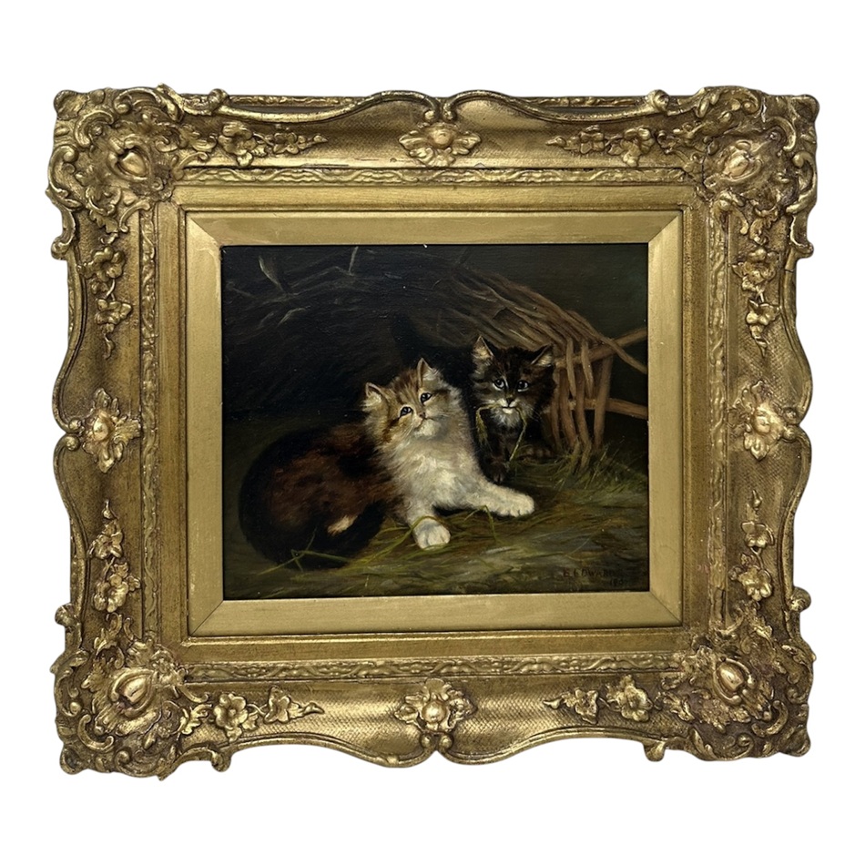 346 Antique English Edwardian Oil Painting on Canvas Cats Kittens at Play dated 1907