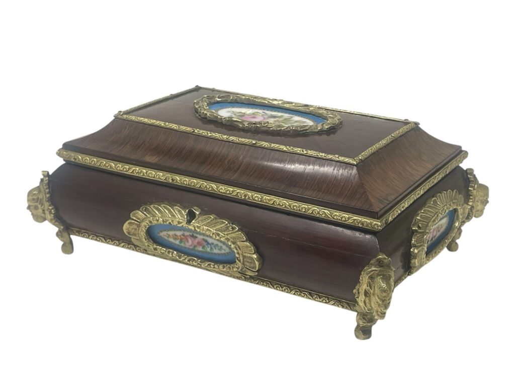 200 Antique French Sevres Porcelain Jewelry Wooden Regency Jewellery Box Casket 19Ct