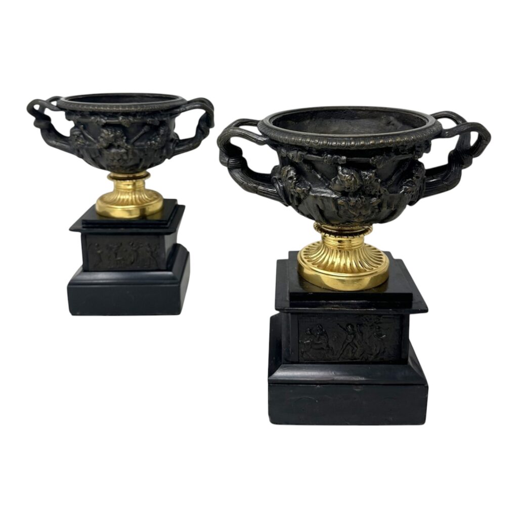 836 Antique Pair French Ormolu Bronze Warwick Albani Grand Tour Vases Urns Clodion