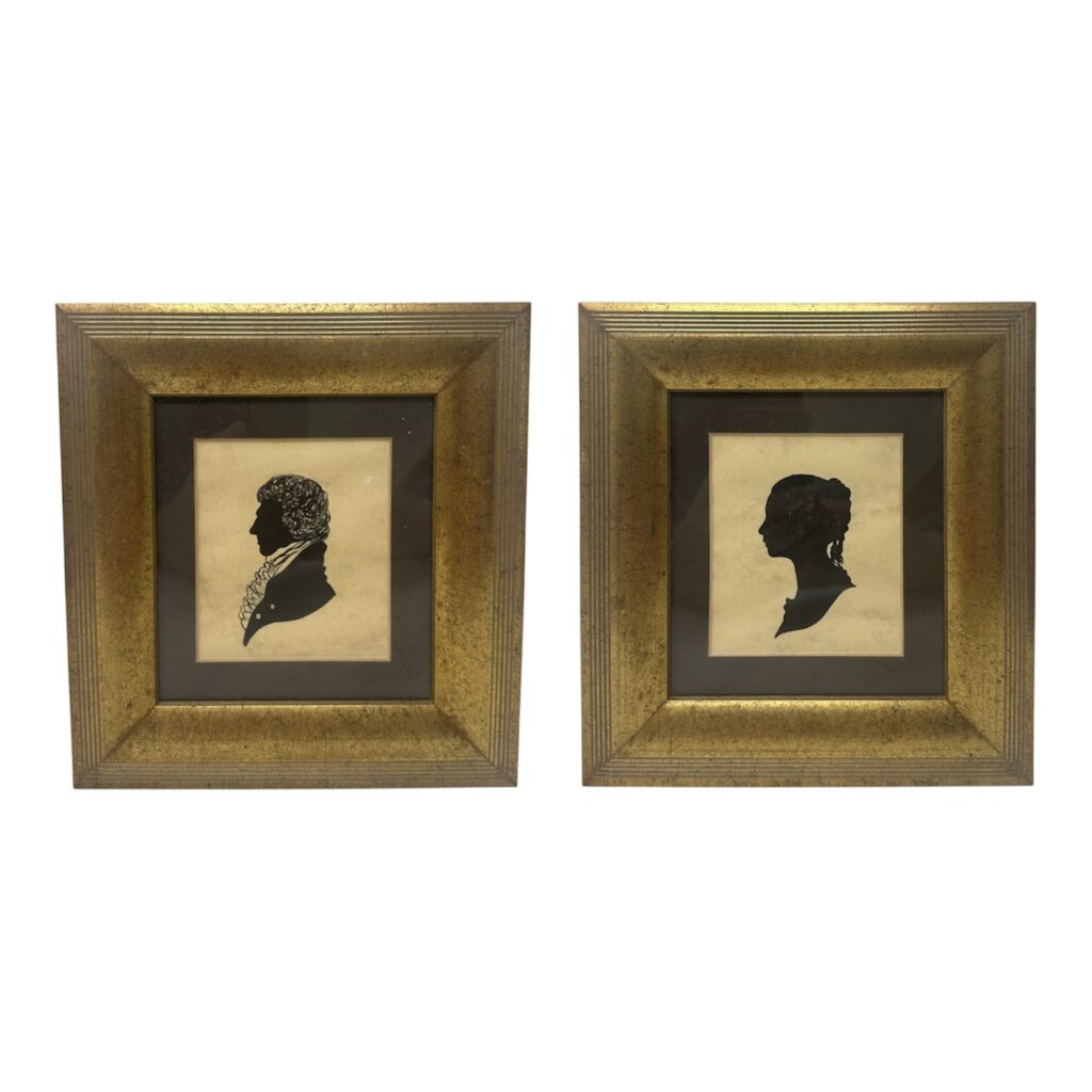 143  Antique Pair English Watercolor Paintings Silhouettes Giltwood Frames 19 Century