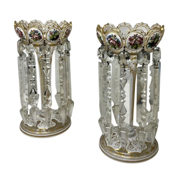525 Antique Crystal Glass Bohemian Enamel Pair Overlaid Lusters Candlesticks 19thCt