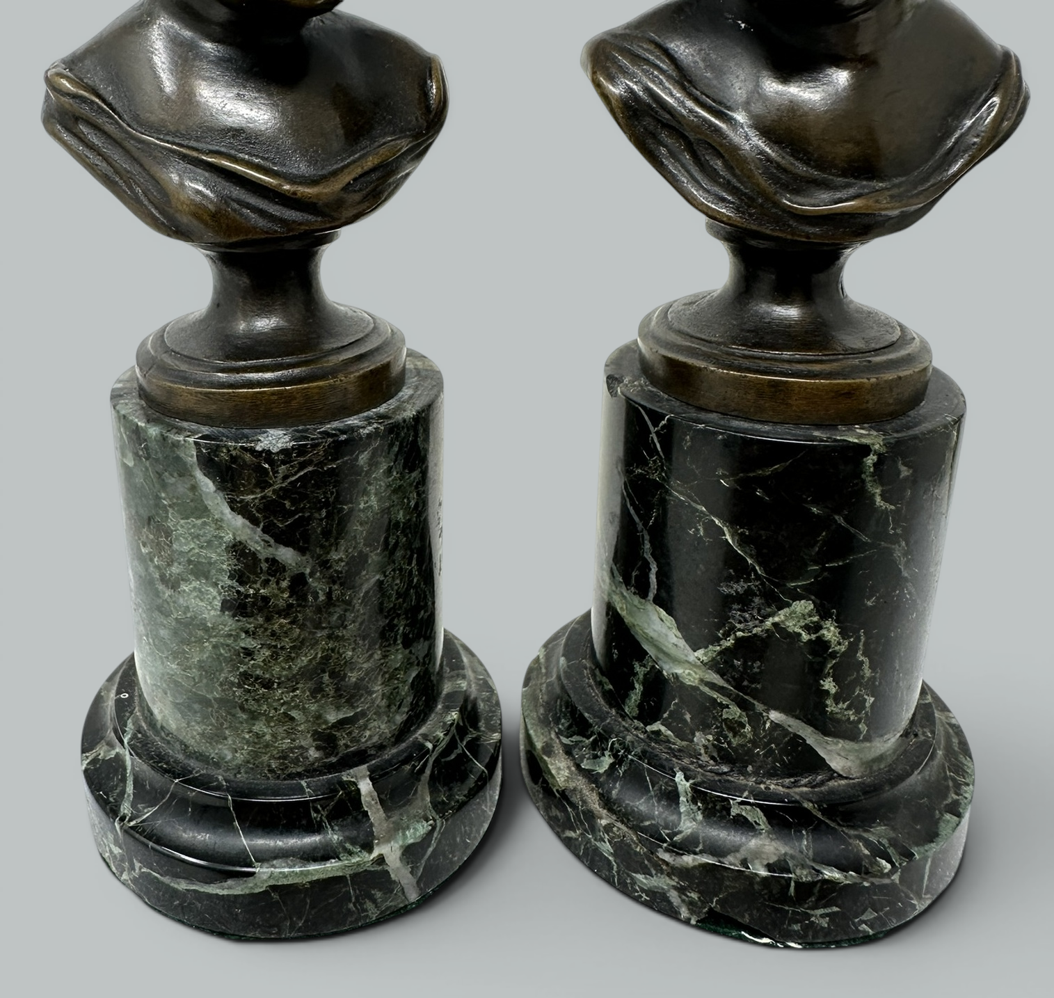 146 Sold Antique Pair French Bronze Marble Busts Grand Tour attrib Jean Antoine Houdon 19C - Image 4