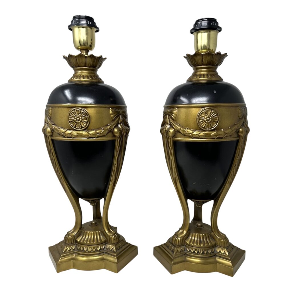 784 Antique Vintage Pair Cobalt Blue Gold Bronzed Porcelain Electric Table Lamps