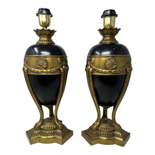 784 Antique Vintage Pair Cobalt Blue Gold Bronzed Porcelain Electric Table Lamps