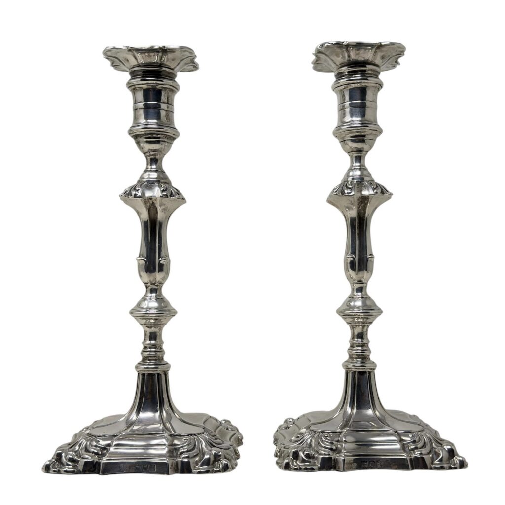 861 Antique Pair English Sterling Silver Candlesticks Candelabra Adams Style 1899