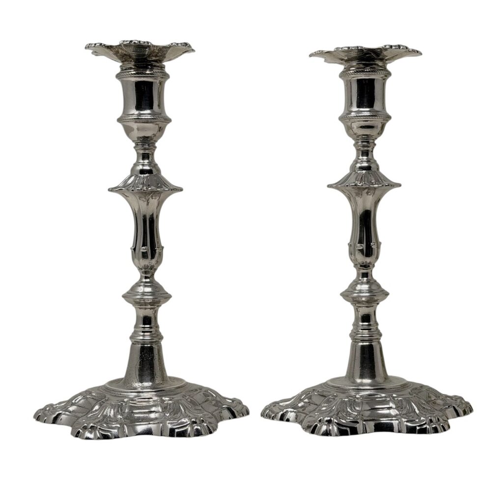 664 Antique Pair English Sterling Silver Georgian Candlesticks by William Cafe 1757