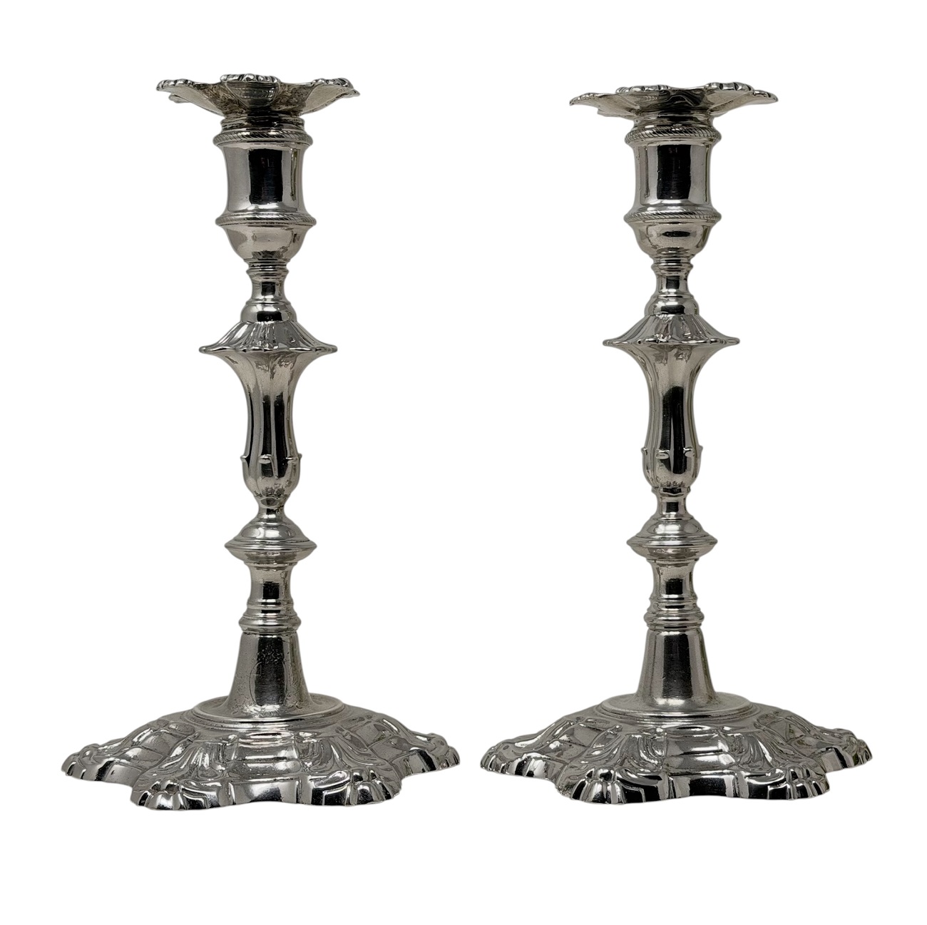 664 Antique Pair English Sterling Silver Georgian Candlesticks by William Cafe 1757