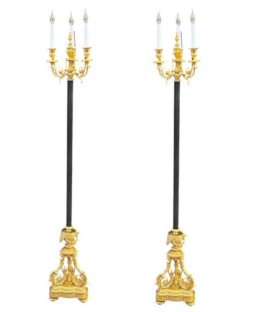 992 pair of French 19th century Ormolu and patinated Bronze three light floor lamps / Torchières